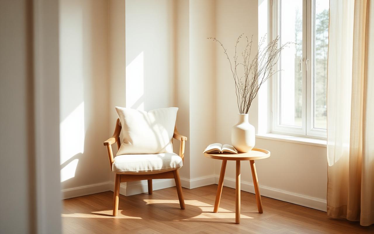 Rincón sereno de una vivienda con butaca de lino y luz natural, en tonos crema y marrón suave