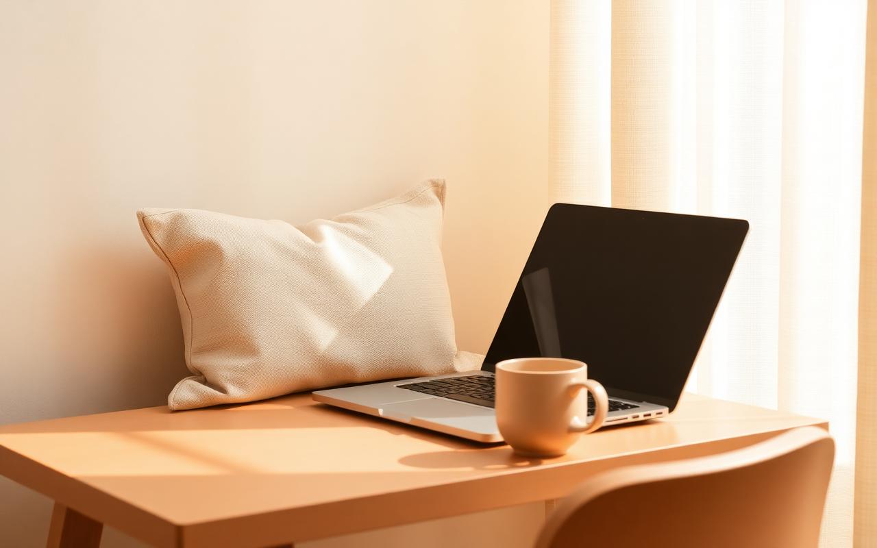 Escritorio cálido con un portátil junto a una ventana luminosa, en tonos crema y beige