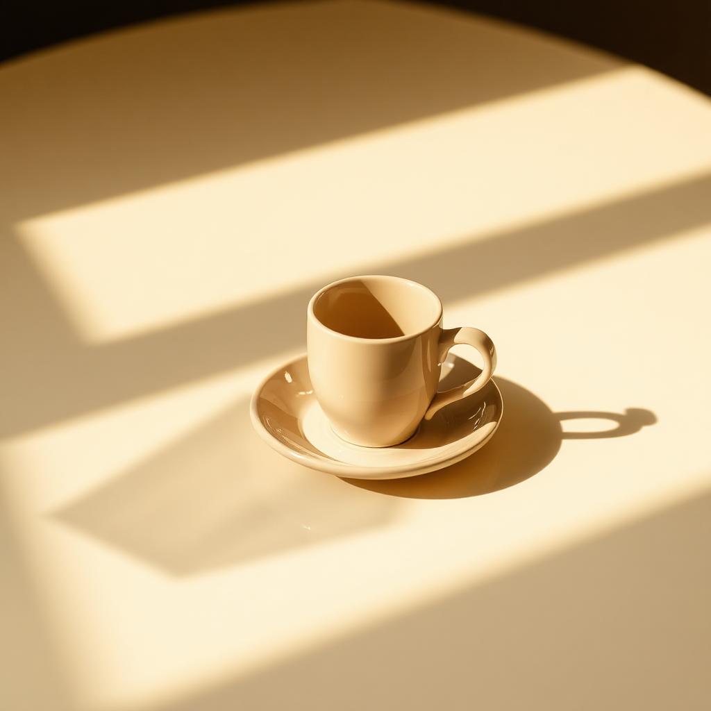 Taza de café con sombras suaves sobre una mesa clara
